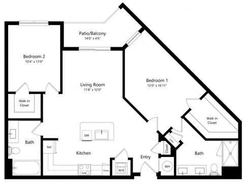 Floor plan for 2 beds, 2 baths, 1180 sqft